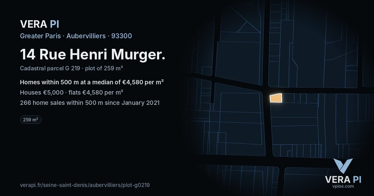14 Rue Henri Murger, Aubervilliers at night – the plot lit, the parcels around coloured by the prices near them
