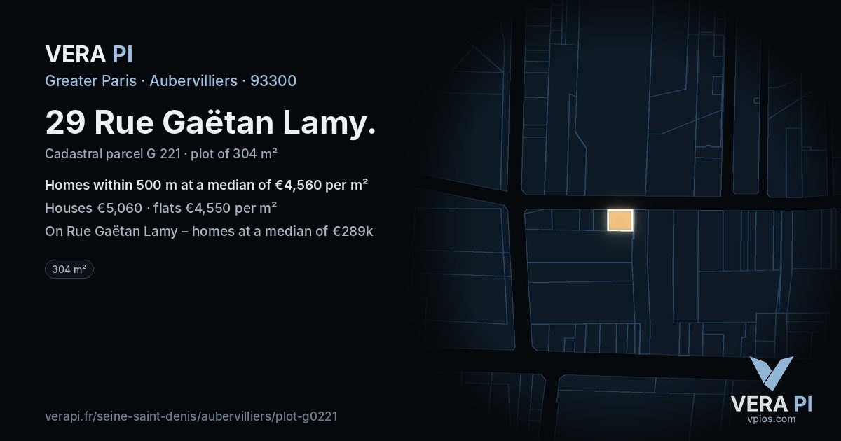 29 Rue Gaëtan Lamy, Aubervilliers at night – the plot lit, the parcels around coloured by the prices near them