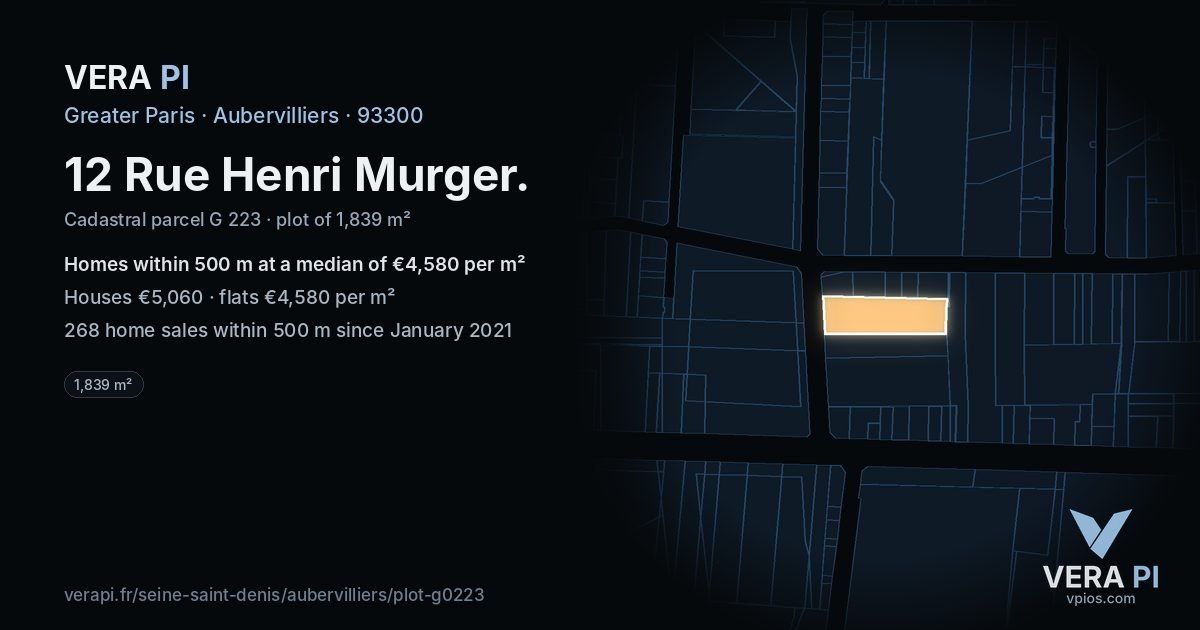 12 Rue Henri Murger, Aubervilliers at night – the plot lit, the parcels around coloured by the prices near them