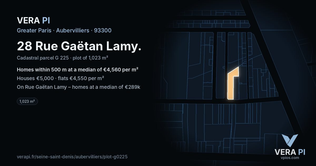 28 Rue Gaëtan Lamy, Aubervilliers at night – the plot lit, the parcels around coloured by the prices near them