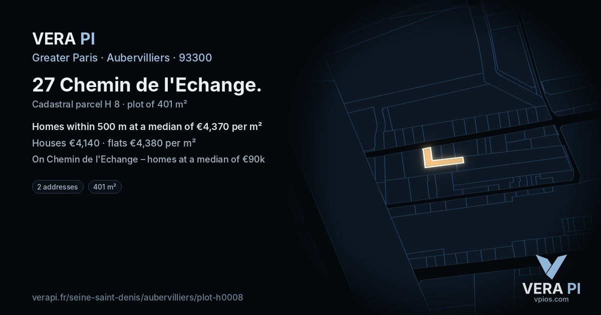 27 Chemin de l'Echange, Aubervilliers at night – the plot lit, the parcels around coloured by the prices near them