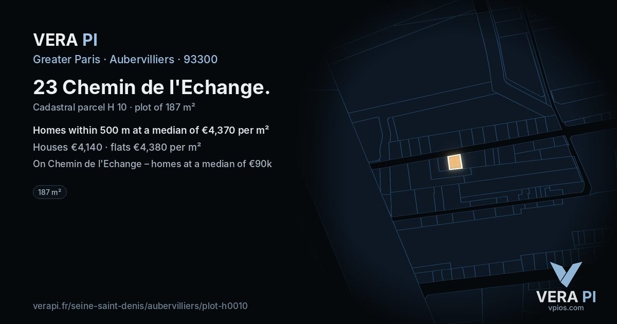 23 Chemin de l'Echange, Aubervilliers at night – the plot lit, the parcels around coloured by the prices near them