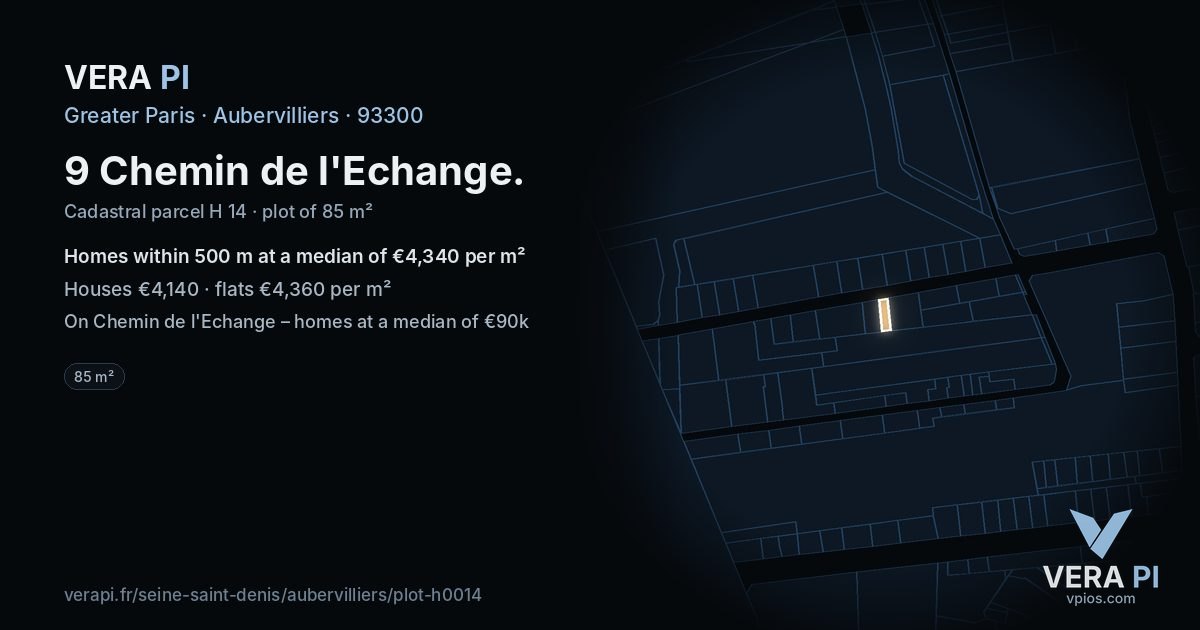 9 Chemin de l'Echange, Aubervilliers at night – the plot lit, the parcels around coloured by the prices near them