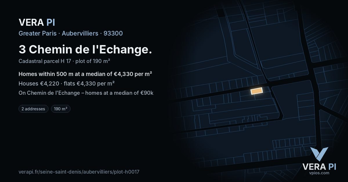 3 Chemin de l'Echange, Aubervilliers at night – the plot lit, the parcels around coloured by the prices near them