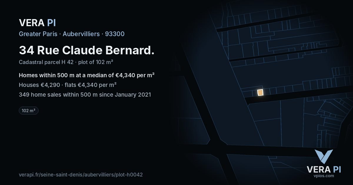 34 Rue Claude Bernard, Aubervilliers at night – the plot lit, the parcels around coloured by the prices near them