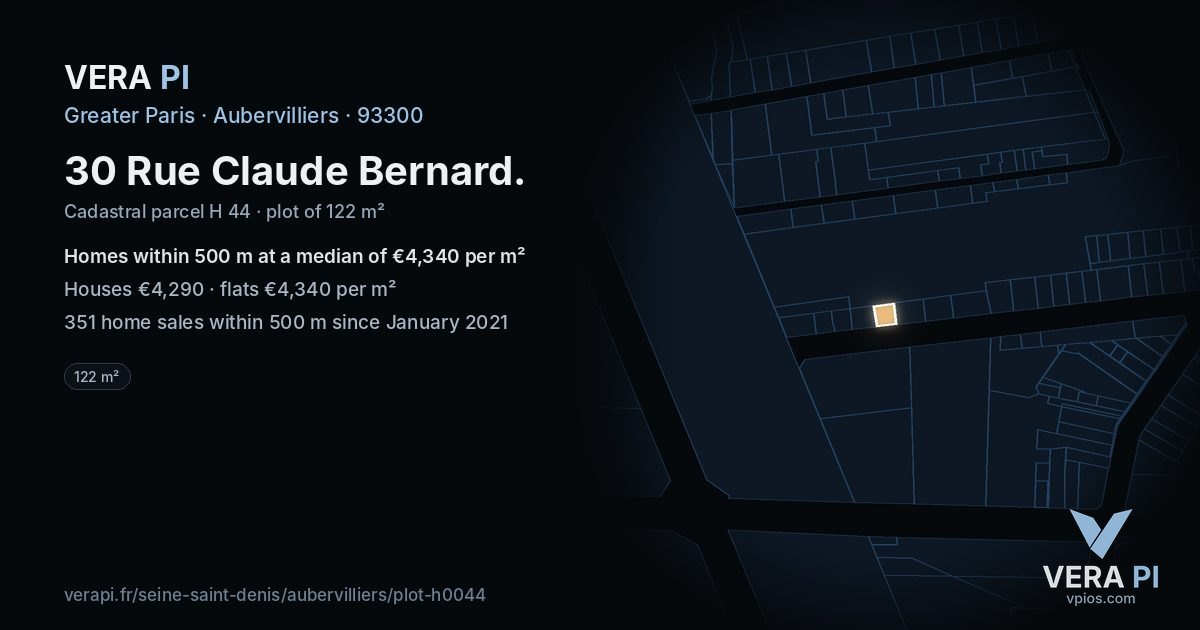 30 Rue Claude Bernard, Aubervilliers at night – the plot lit, the parcels around coloured by the prices near them