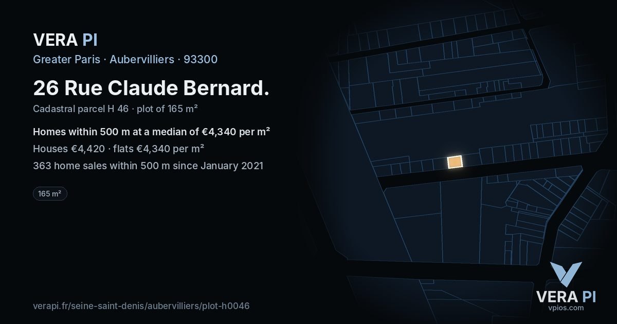 26 Rue Claude Bernard, Aubervilliers at night – the plot lit, the parcels around coloured by the prices near them