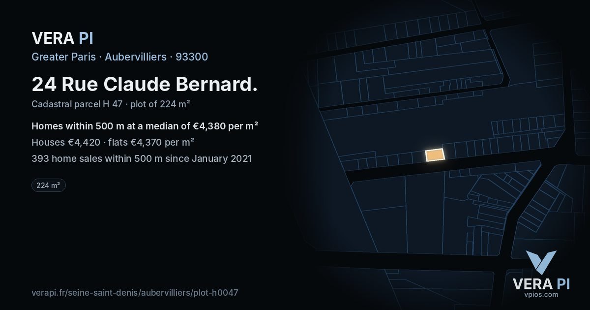 24 Rue Claude Bernard, Aubervilliers at night – the plot lit, the parcels around coloured by the prices near them