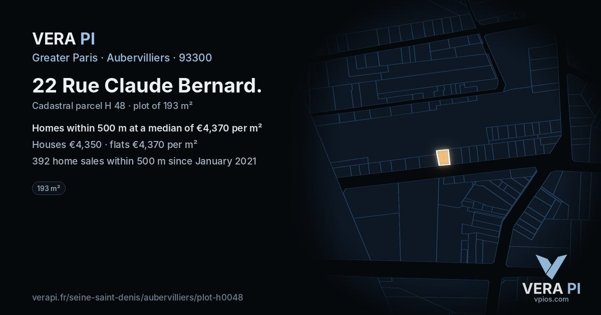 22 Rue Claude Bernard, Aubervilliers at night – the plot lit, the parcels around coloured by the prices near them