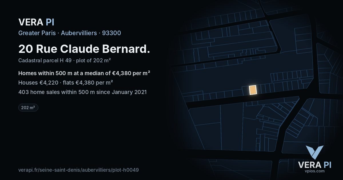 20 Rue Claude Bernard, Aubervilliers at night – the plot lit, the parcels around coloured by the prices near them