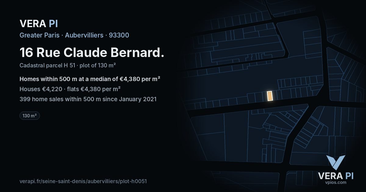 16 Rue Claude Bernard, Aubervilliers at night – the plot lit, the parcels around coloured by the prices near them