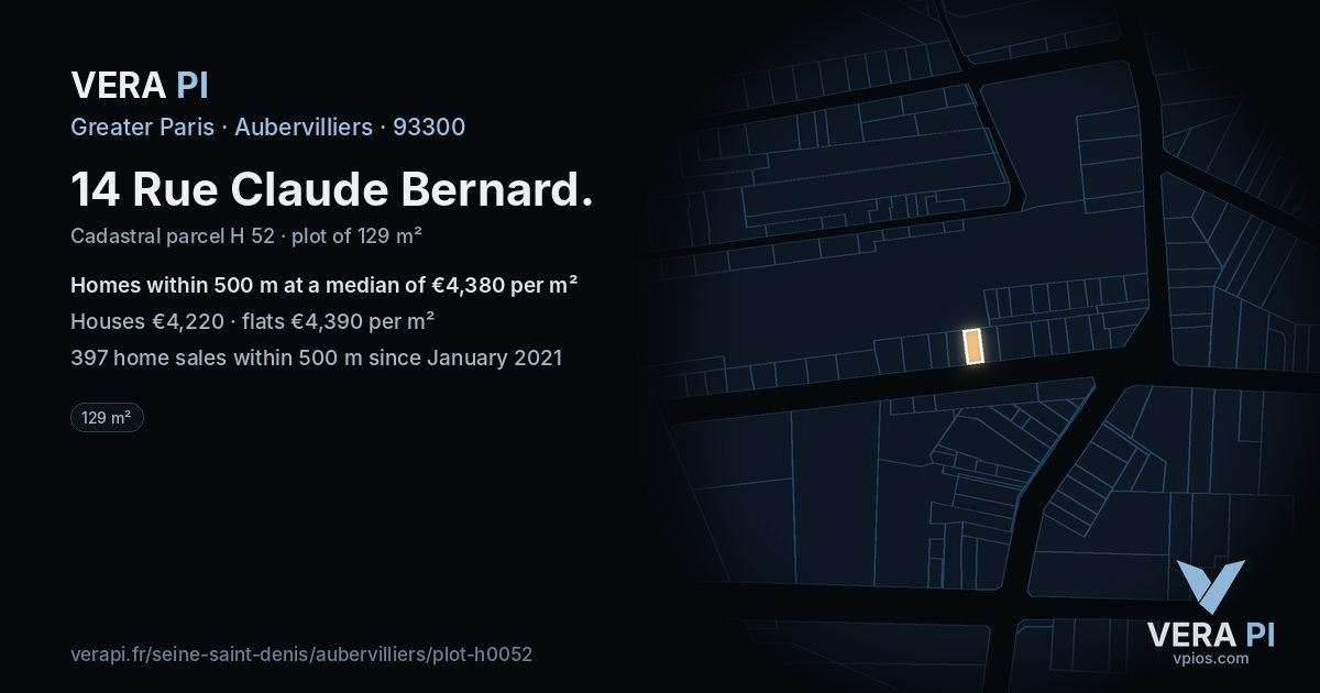 14 Rue Claude Bernard, Aubervilliers at night – the plot lit, the parcels around coloured by the prices near them