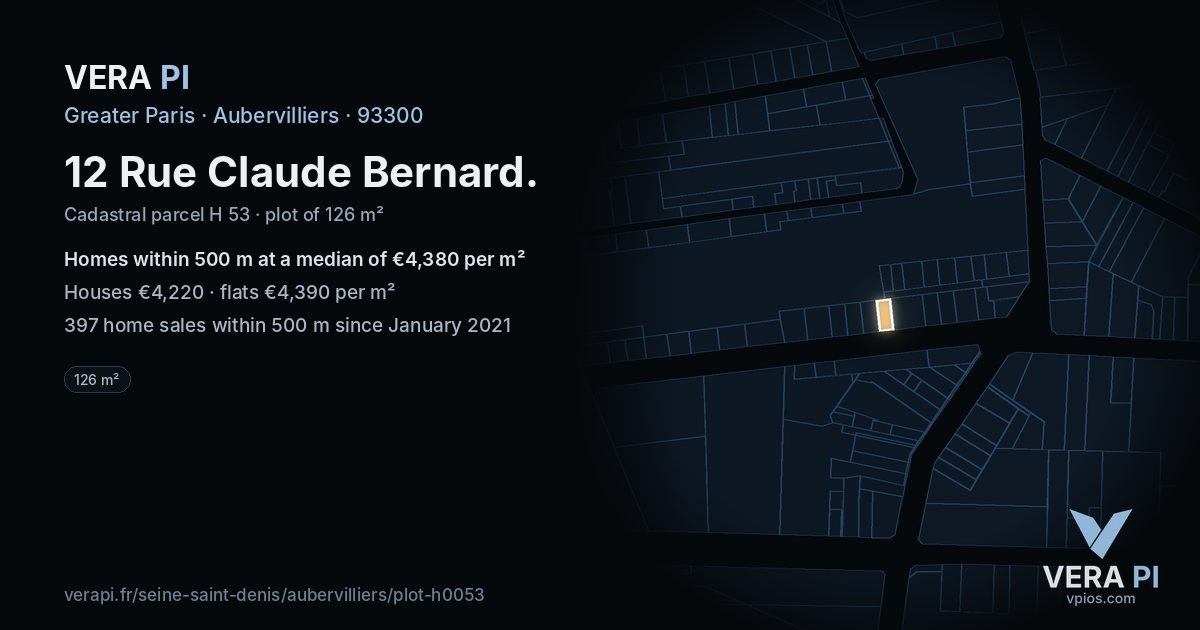 12 Rue Claude Bernard, Aubervilliers at night – the plot lit, the parcels around coloured by the prices near them