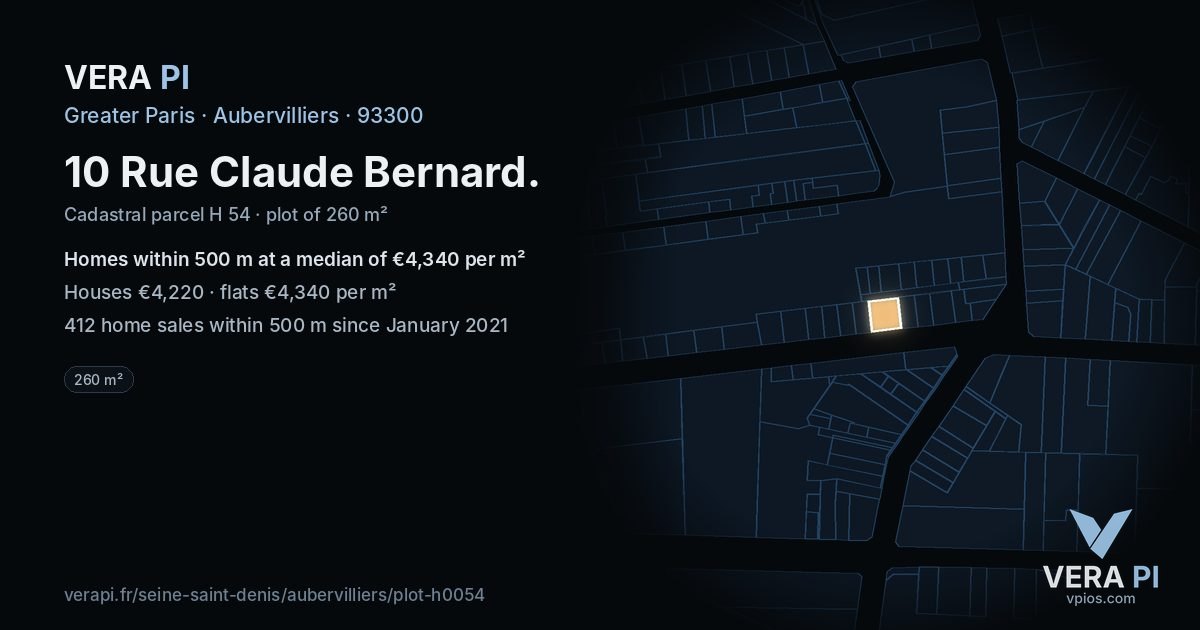 10 Rue Claude Bernard, Aubervilliers at night – the plot lit, the parcels around coloured by the prices near them