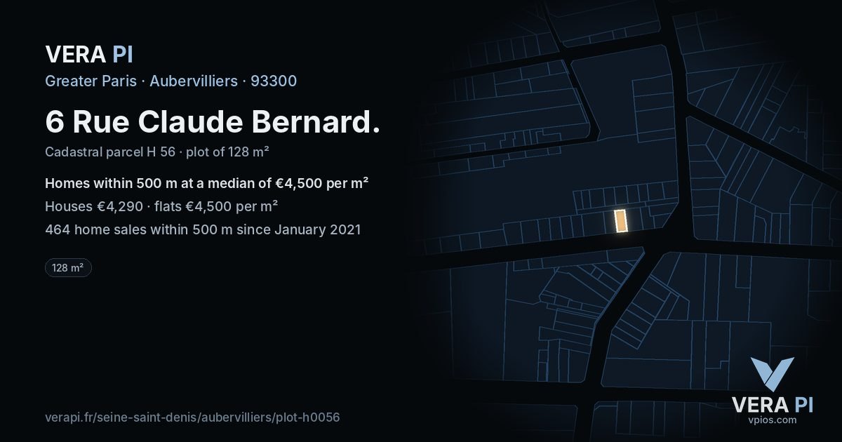 6 Rue Claude Bernard, Aubervilliers at night – the plot lit, the parcels around coloured by the prices near them