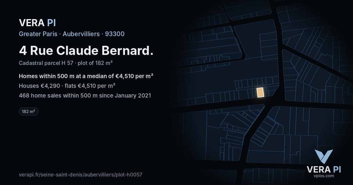 4 Rue Claude Bernard, Aubervilliers at night – the plot lit, the parcels around coloured by the prices near them