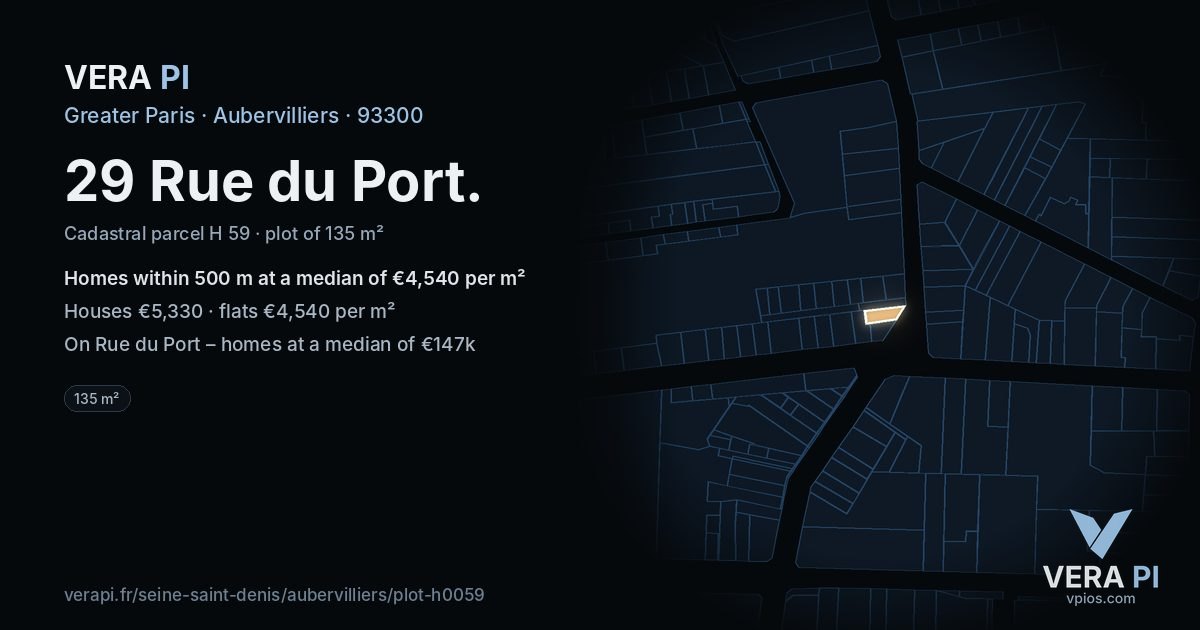 29 Rue du Port, Aubervilliers at night – the plot lit, the parcels around coloured by the prices near them