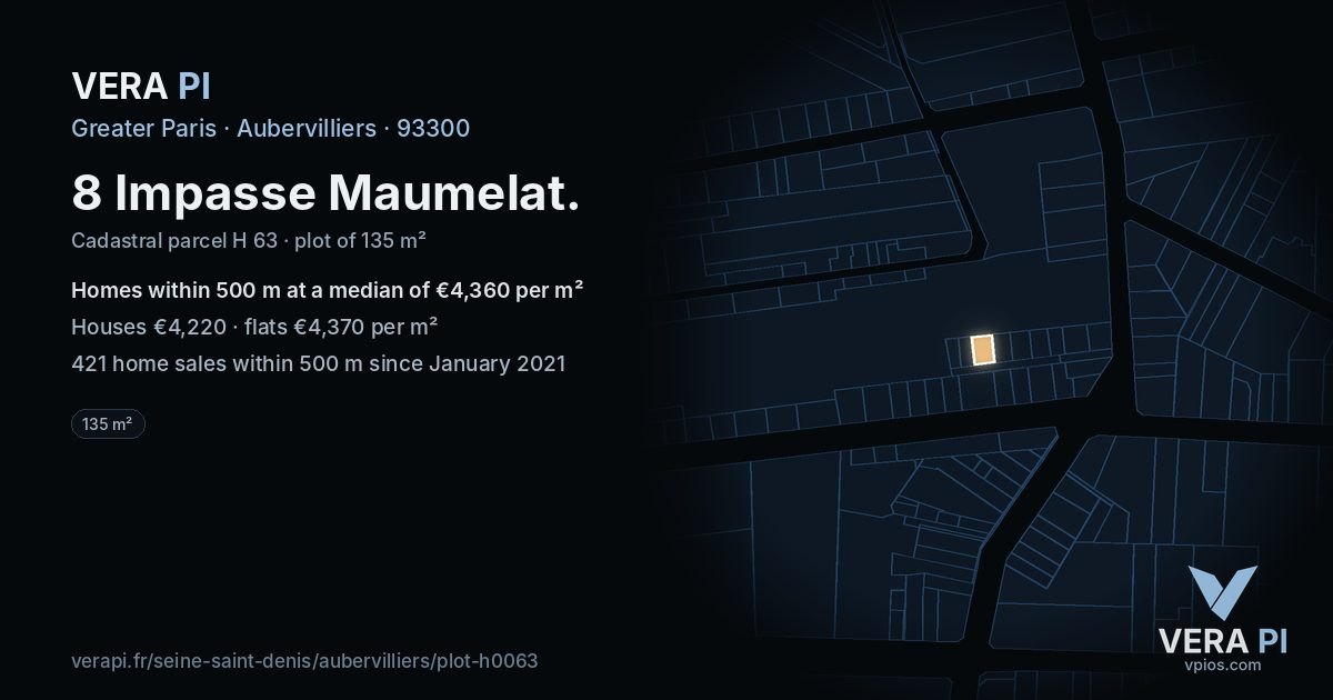 8 Impasse Maumelat, Aubervilliers at night – the plot lit, the parcels around coloured by the prices near them