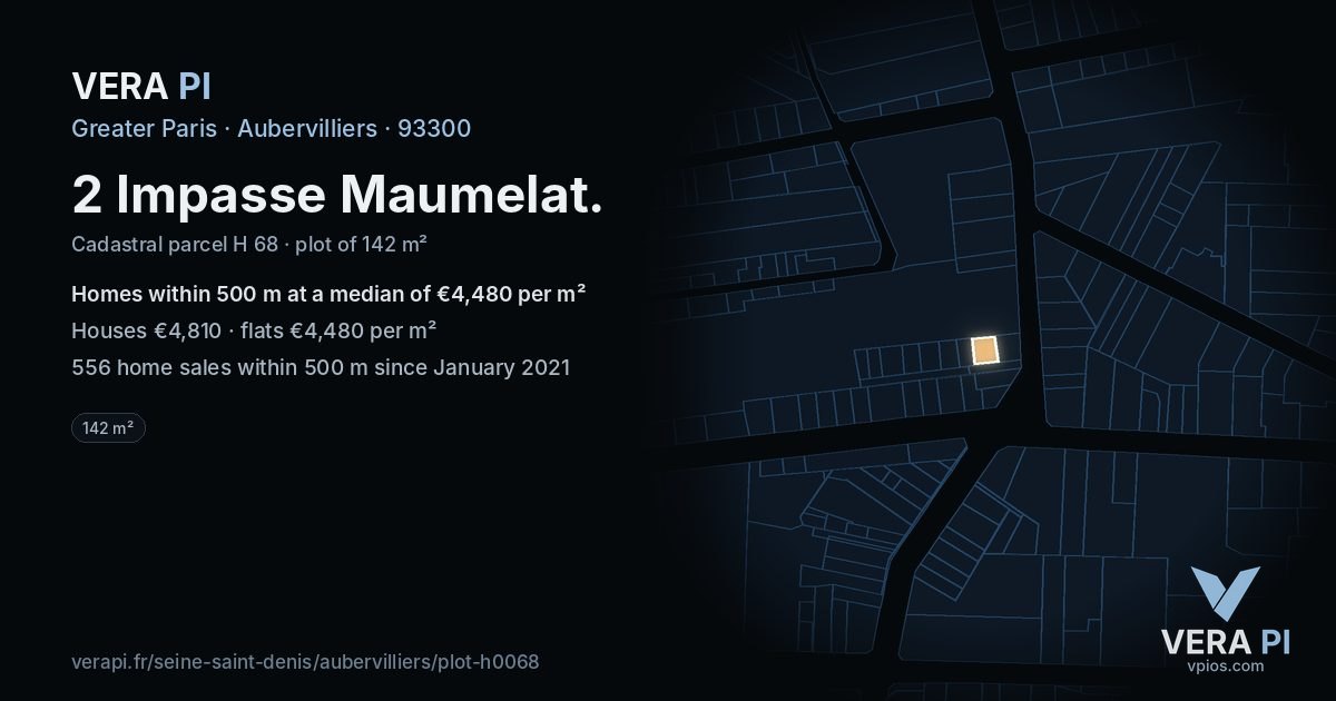 2 Impasse Maumelat, Aubervilliers at night – the plot lit, the parcels around coloured by the prices near them