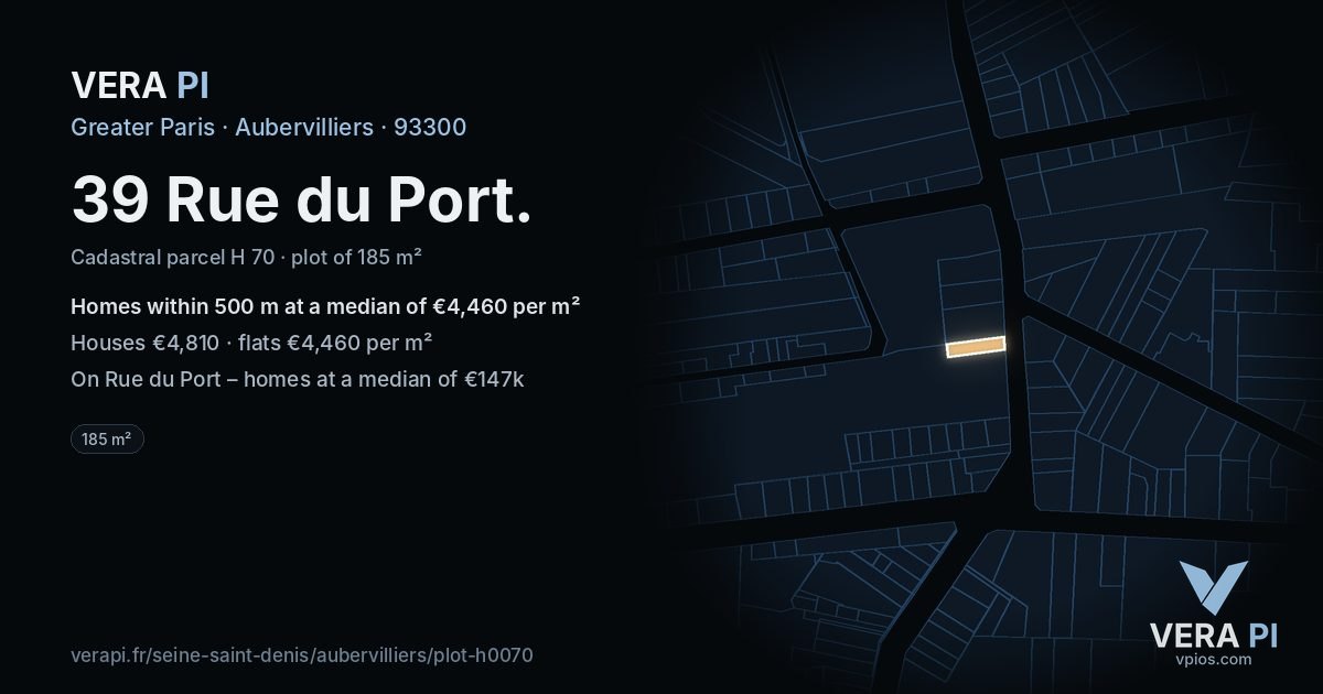 39 Rue du Port, Aubervilliers at night – the plot lit, the parcels around coloured by the prices near them