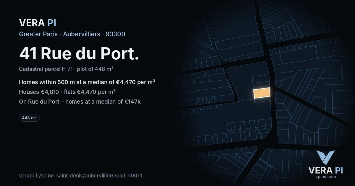 41 Rue du Port, Aubervilliers at night – the plot lit, the parcels around coloured by the prices near them