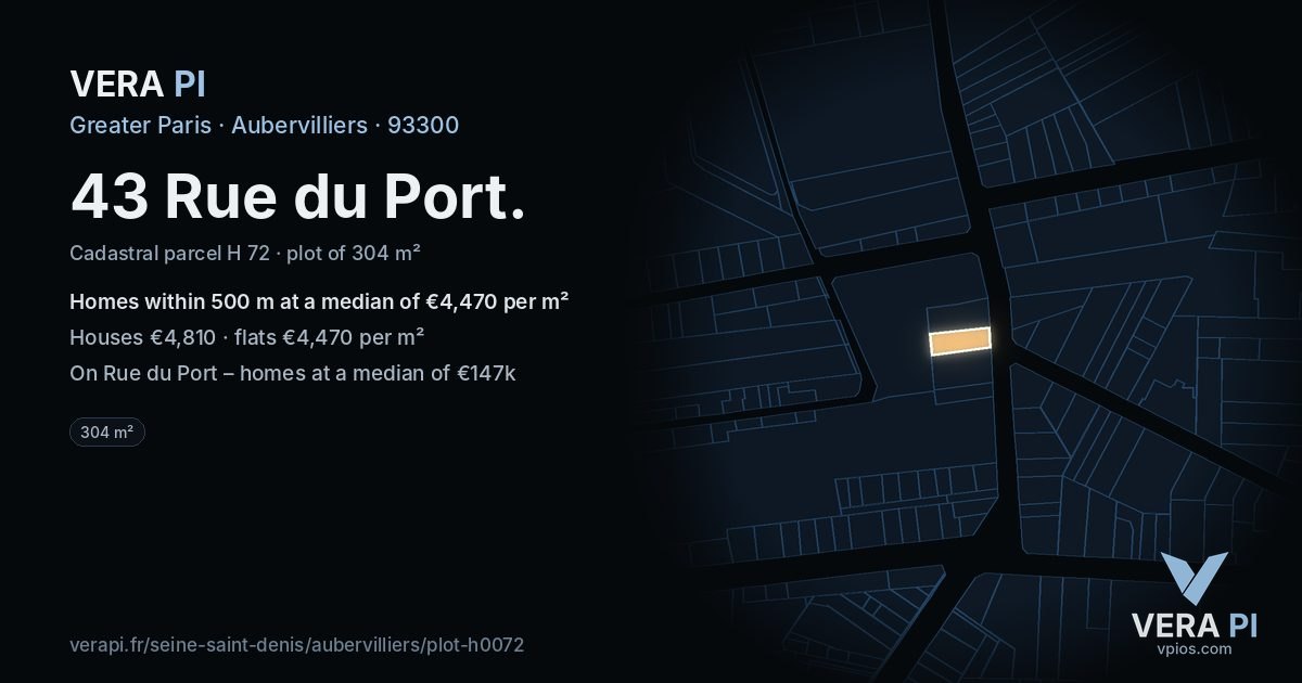 43 Rue du Port, Aubervilliers at night – the plot lit, the parcels around coloured by the prices near them