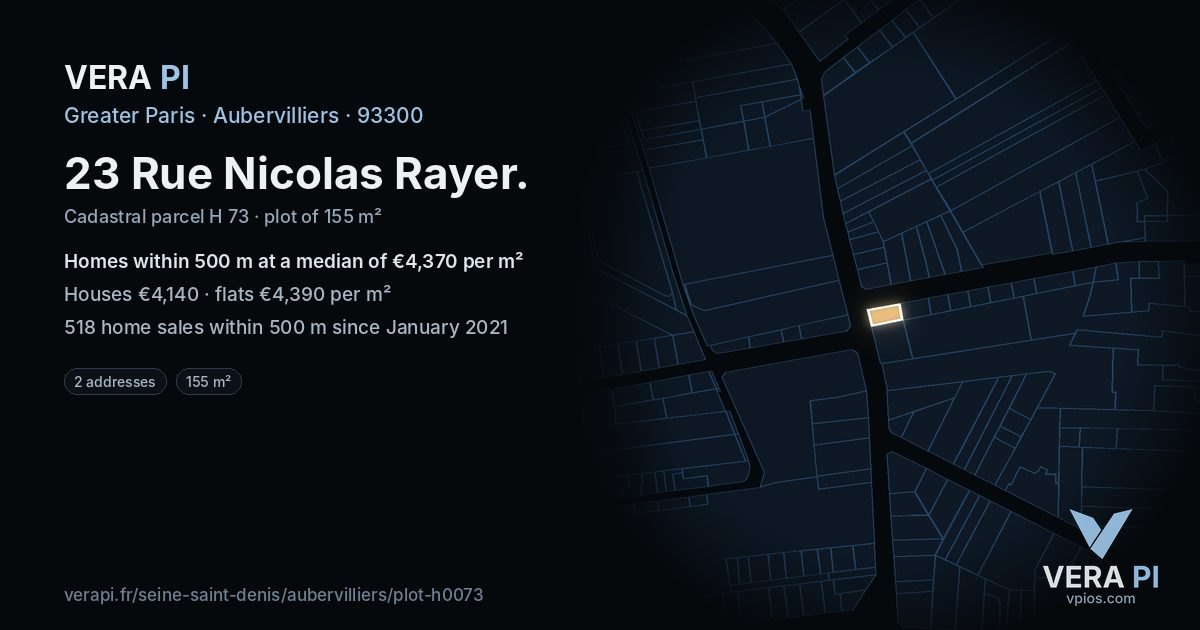23 Rue Nicolas Rayer, Aubervilliers at night – the plot lit, the parcels around coloured by the prices near them