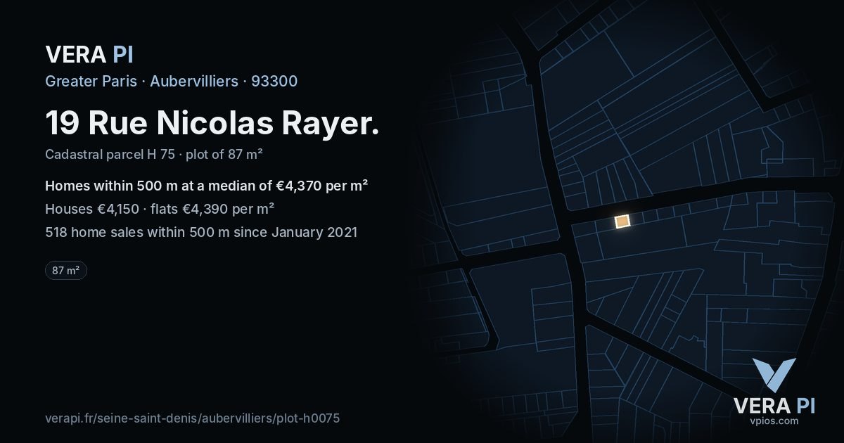 19 Rue Nicolas Rayer, Aubervilliers at night – the plot lit, the parcels around coloured by the prices near them