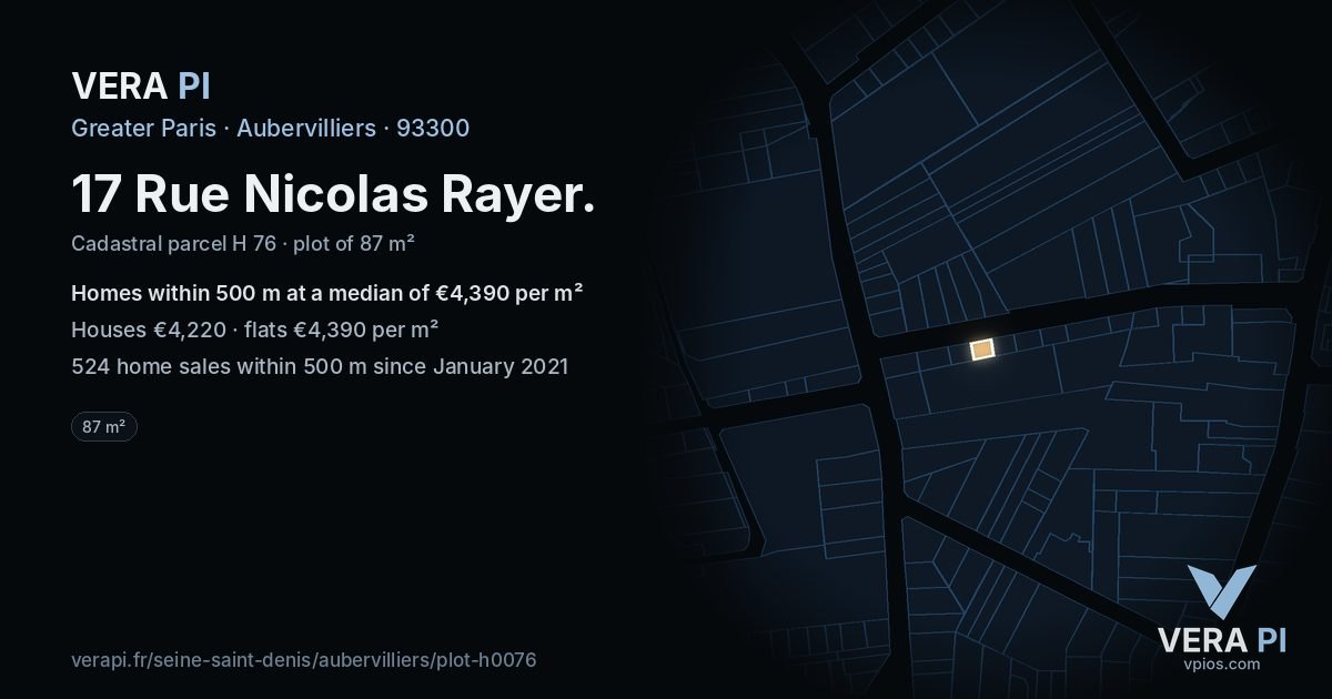 17 Rue Nicolas Rayer, Aubervilliers at night – the plot lit, the parcels around coloured by the prices near them