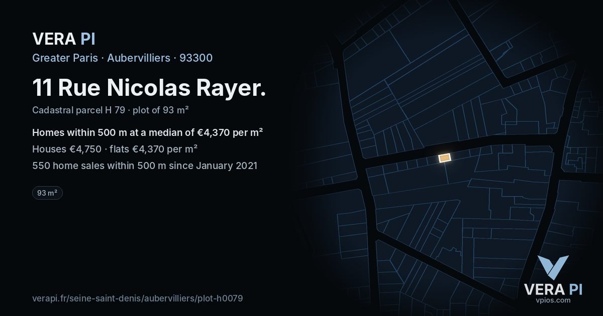 11 Rue Nicolas Rayer, Aubervilliers at night – the plot lit, the parcels around coloured by the prices near them