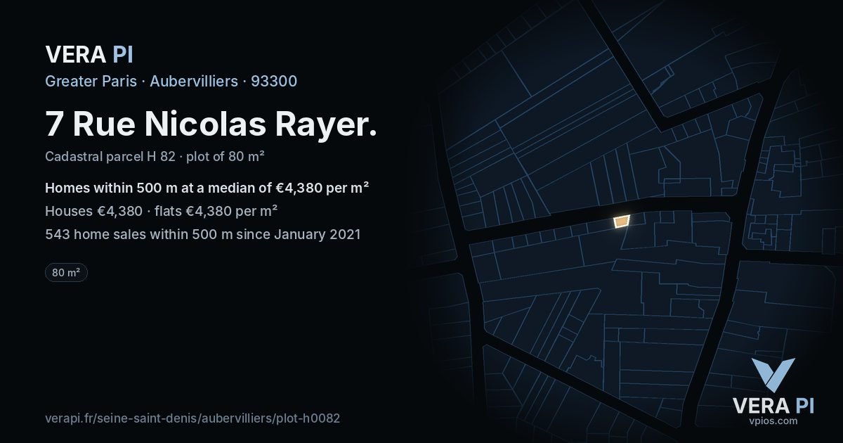 7 Rue Nicolas Rayer, Aubervilliers at night – the plot lit, the parcels around coloured by the prices near them