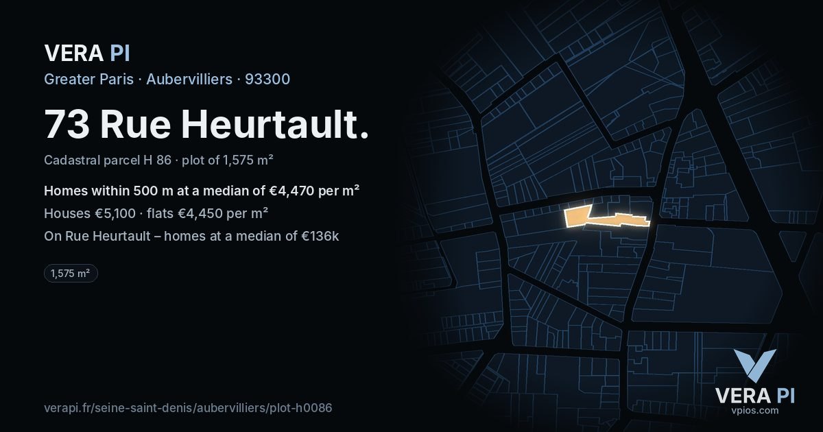 73 Rue Heurtault, Aubervilliers at night – the plot lit, the parcels around coloured by the prices near them