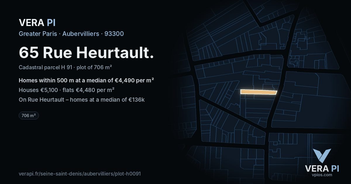 65 Rue Heurtault, Aubervilliers at night – the plot lit, the parcels around coloured by the prices near them
