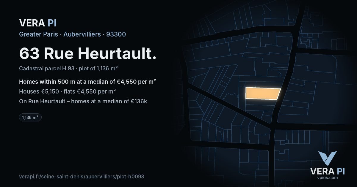 63 Rue Heurtault, Aubervilliers at night – the plot lit, the parcels around coloured by the prices near them