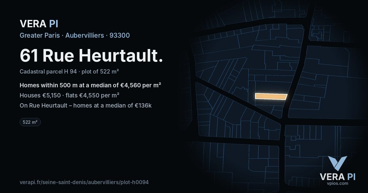 61 Rue Heurtault, Aubervilliers at night – the plot lit, the parcels around coloured by the prices near them
