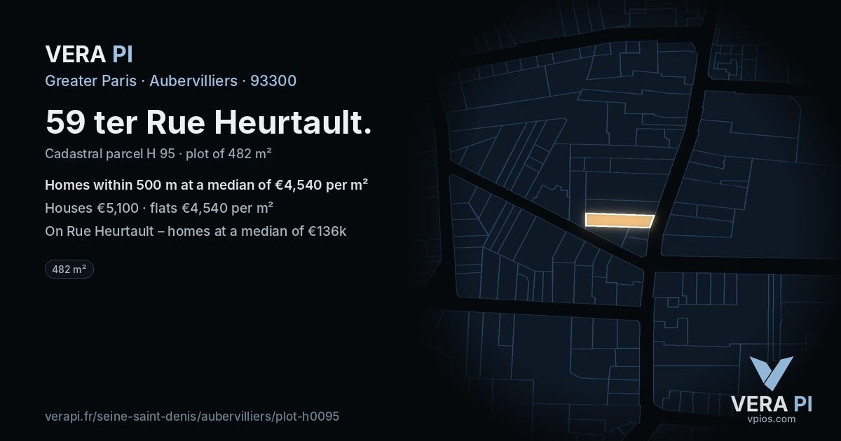 59 ter Rue Heurtault, Aubervilliers at night – the plot lit, the parcels around coloured by the prices near them