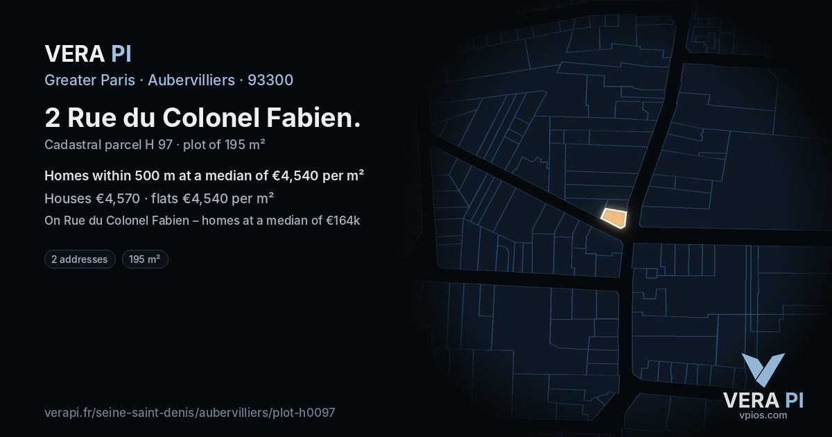 2 Rue du Colonel Fabien, Aubervilliers at night – the plot lit, the parcels around coloured by the prices near them