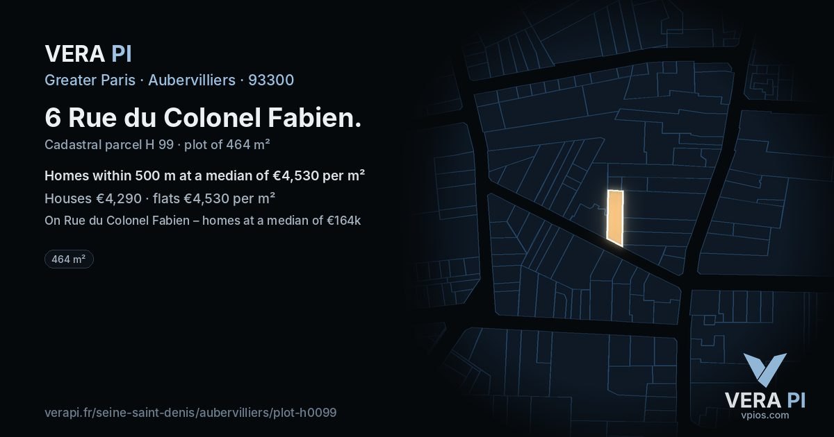 6 Rue du Colonel Fabien, Aubervilliers at night – the plot lit, the parcels around coloured by the prices near them