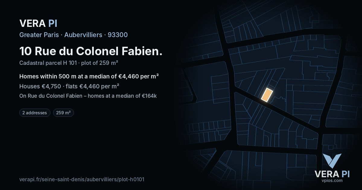 10 Rue du Colonel Fabien, Aubervilliers at night – the plot lit, the parcels around coloured by the prices near them