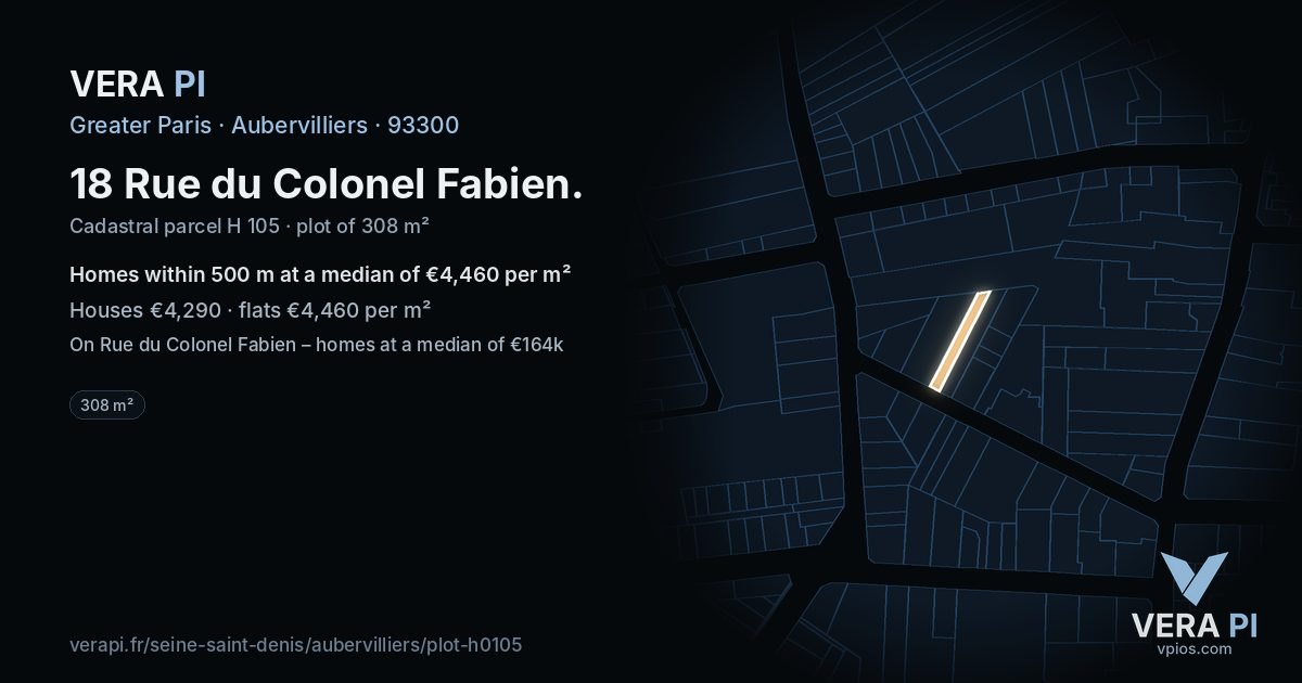 18 Rue du Colonel Fabien, Aubervilliers at night – the plot lit, the parcels around coloured by the prices near them
