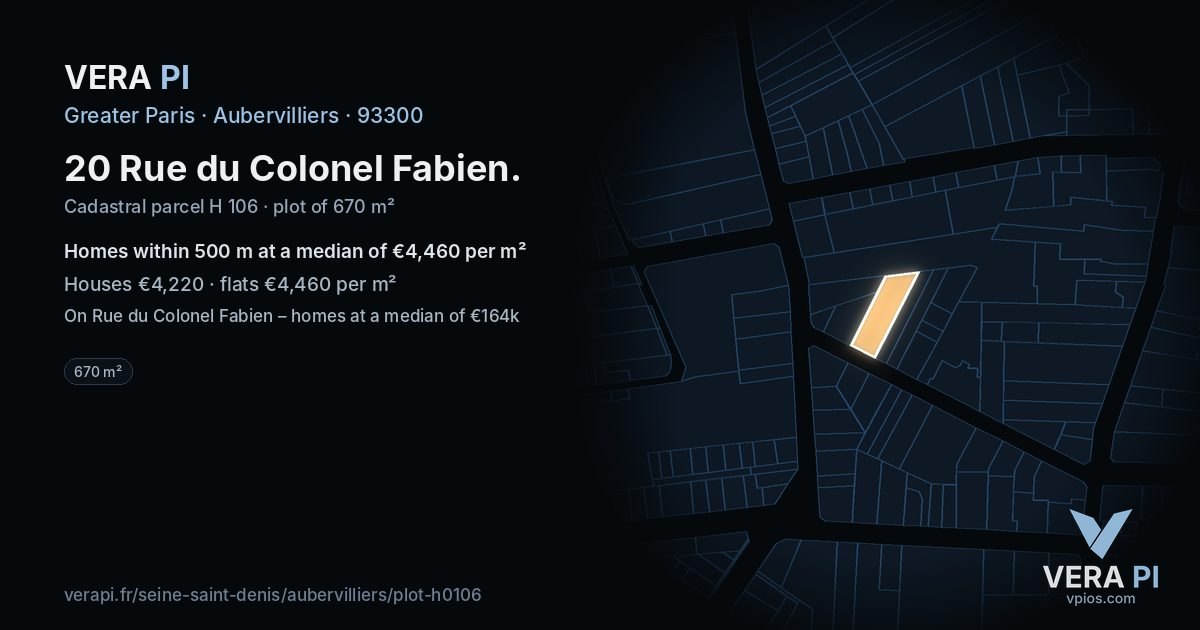 20 Rue du Colonel Fabien, Aubervilliers at night – the plot lit, the parcels around coloured by the prices near them