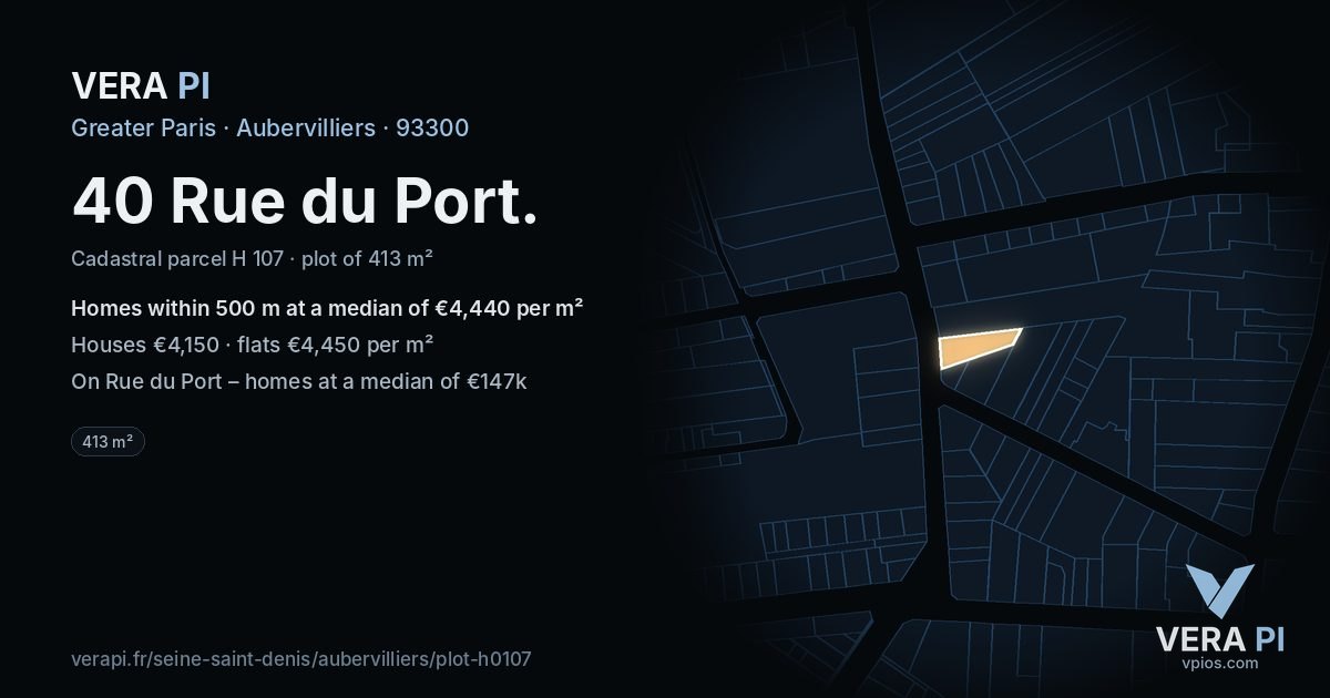 40 Rue du Port, Aubervilliers at night – the plot lit, the parcels around coloured by the prices near them