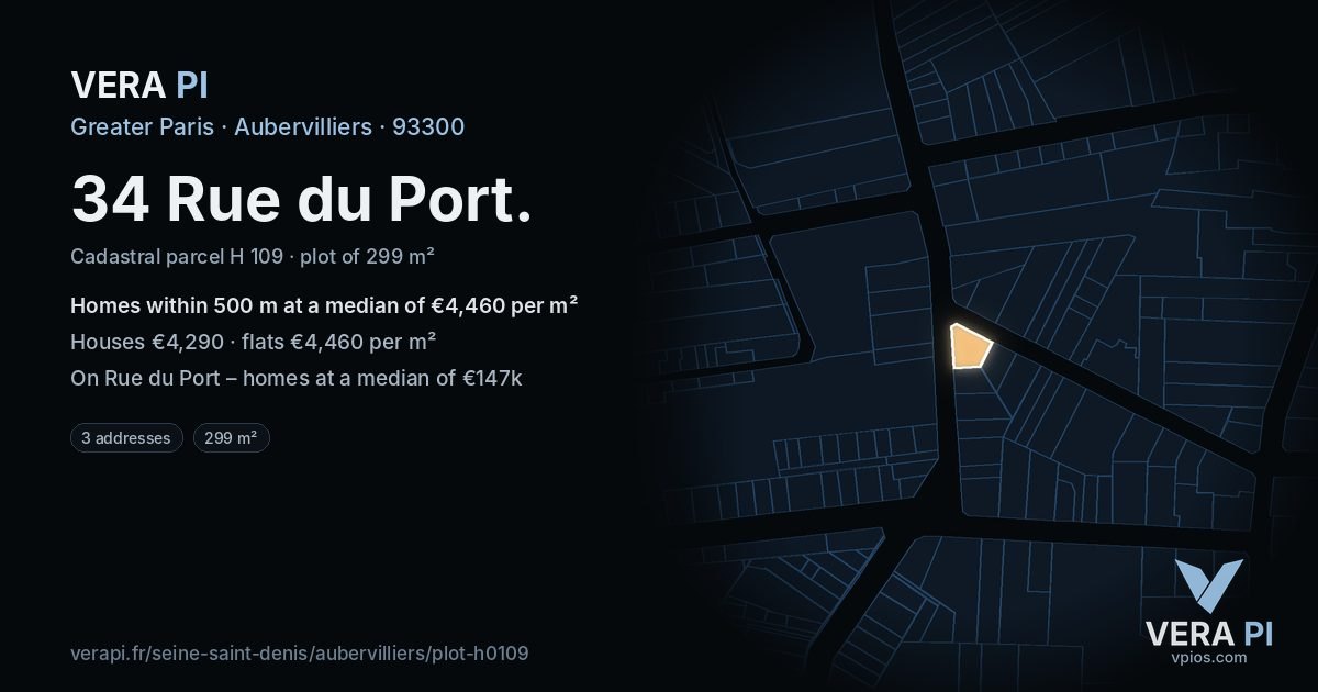 34 Rue du Port, Aubervilliers at night – the plot lit, the parcels around coloured by the prices near them