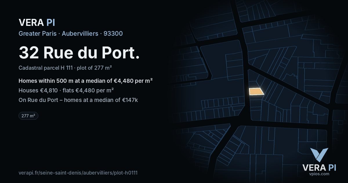 32 Rue du Port, Aubervilliers at night – the plot lit, the parcels around coloured by the prices near them