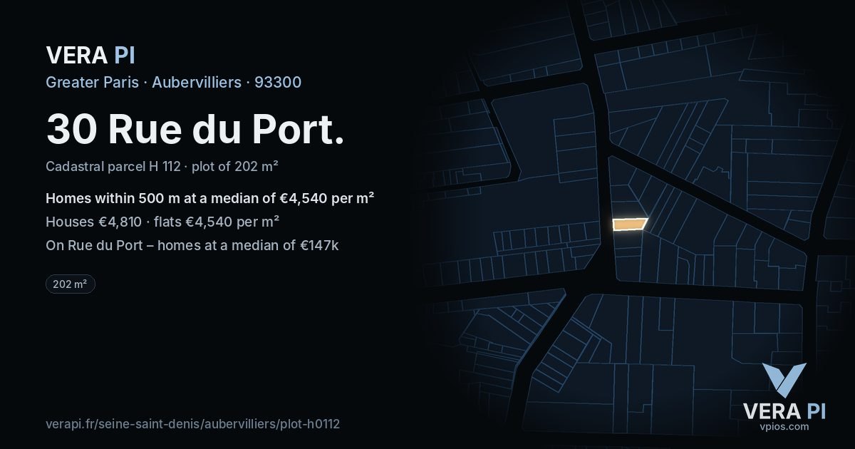 30 Rue du Port, Aubervilliers at night – the plot lit, the parcels around coloured by the prices near them