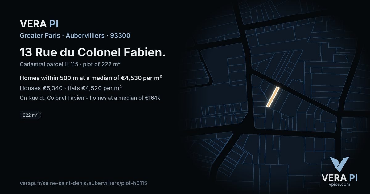 13 Rue du Colonel Fabien, Aubervilliers at night – the plot lit, the parcels around coloured by the prices near them
