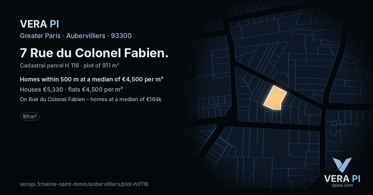 7 Rue du Colonel Fabien, Aubervilliers at night – the plot lit, the parcels around coloured by the prices near them