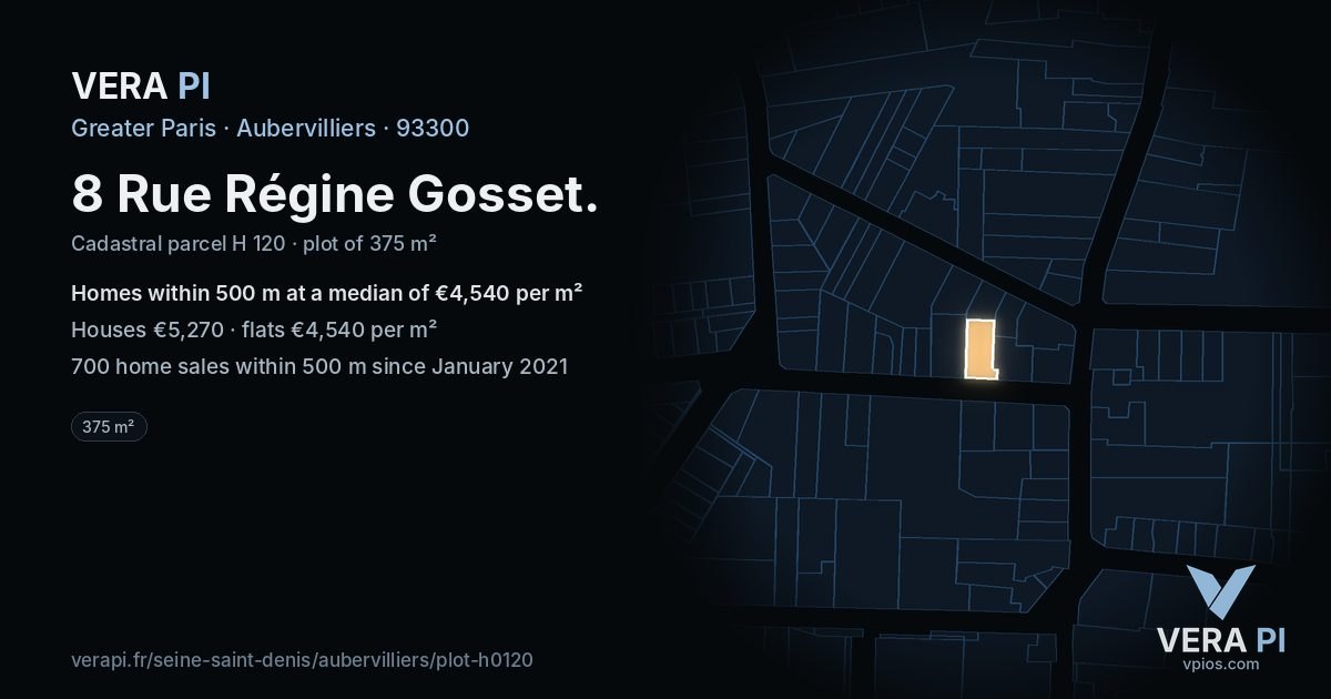8 Rue Régine Gosset, Aubervilliers at night – the plot lit, the parcels around coloured by the prices near them
