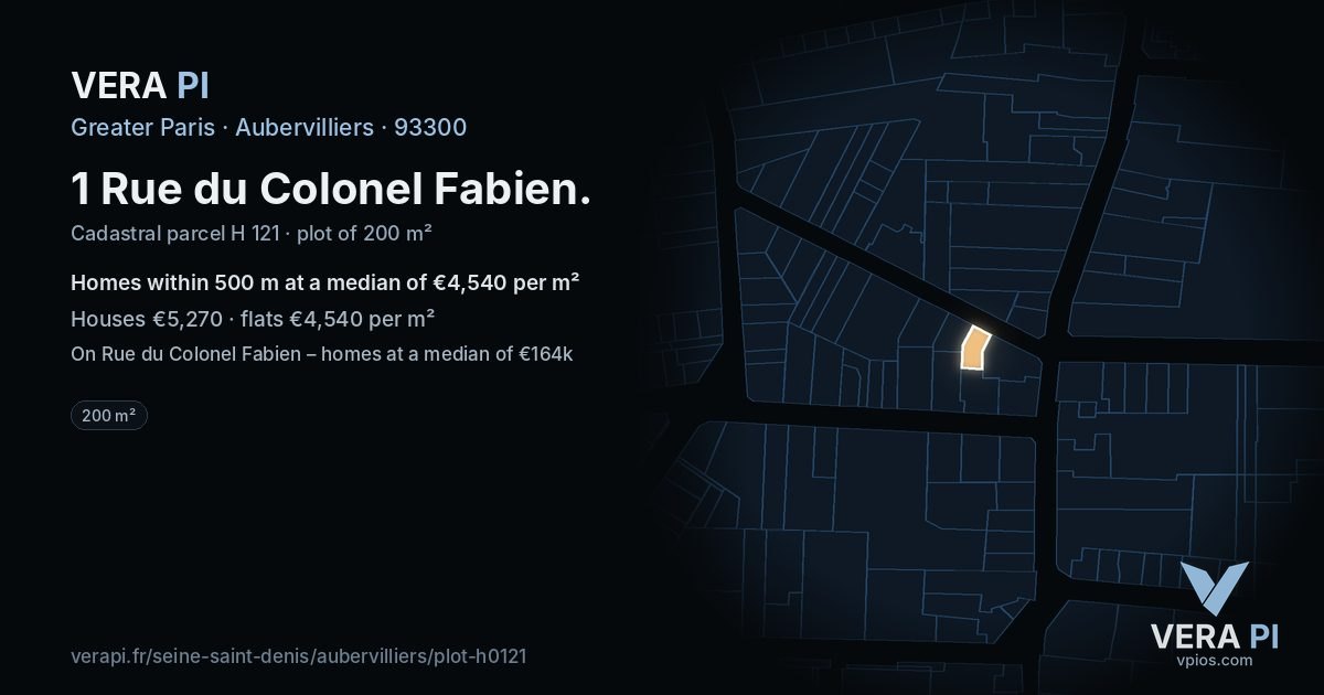 1 Rue du Colonel Fabien, Aubervilliers at night – the plot lit, the parcels around coloured by the prices near them