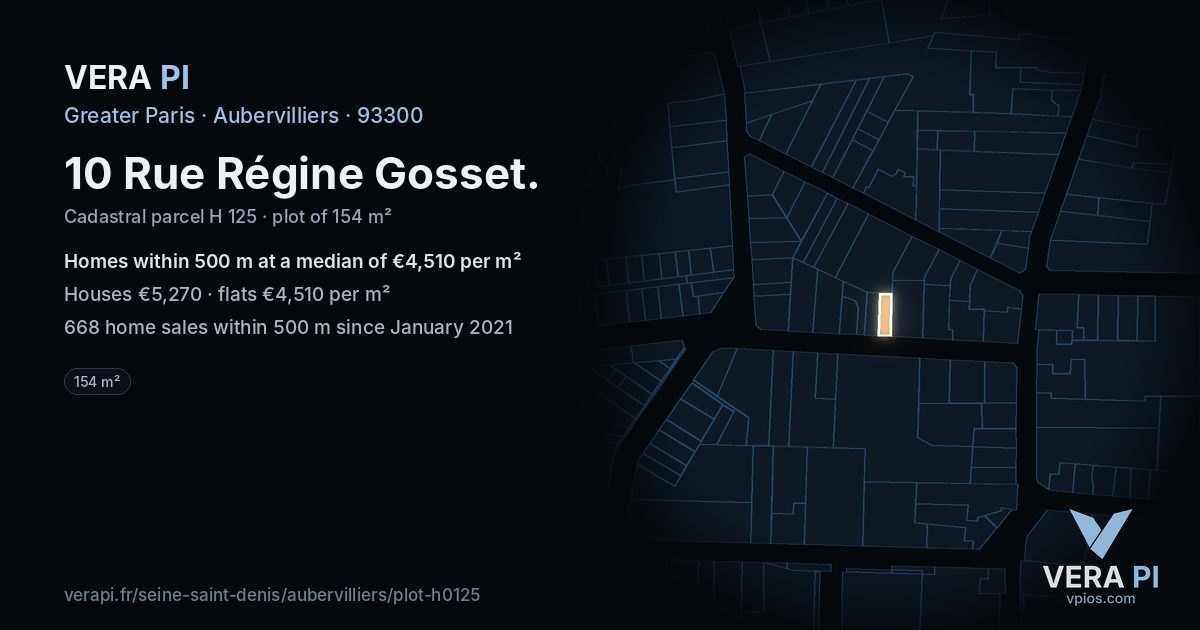 10 Rue Régine Gosset, Aubervilliers at night – the plot lit, the parcels around coloured by the prices near them
